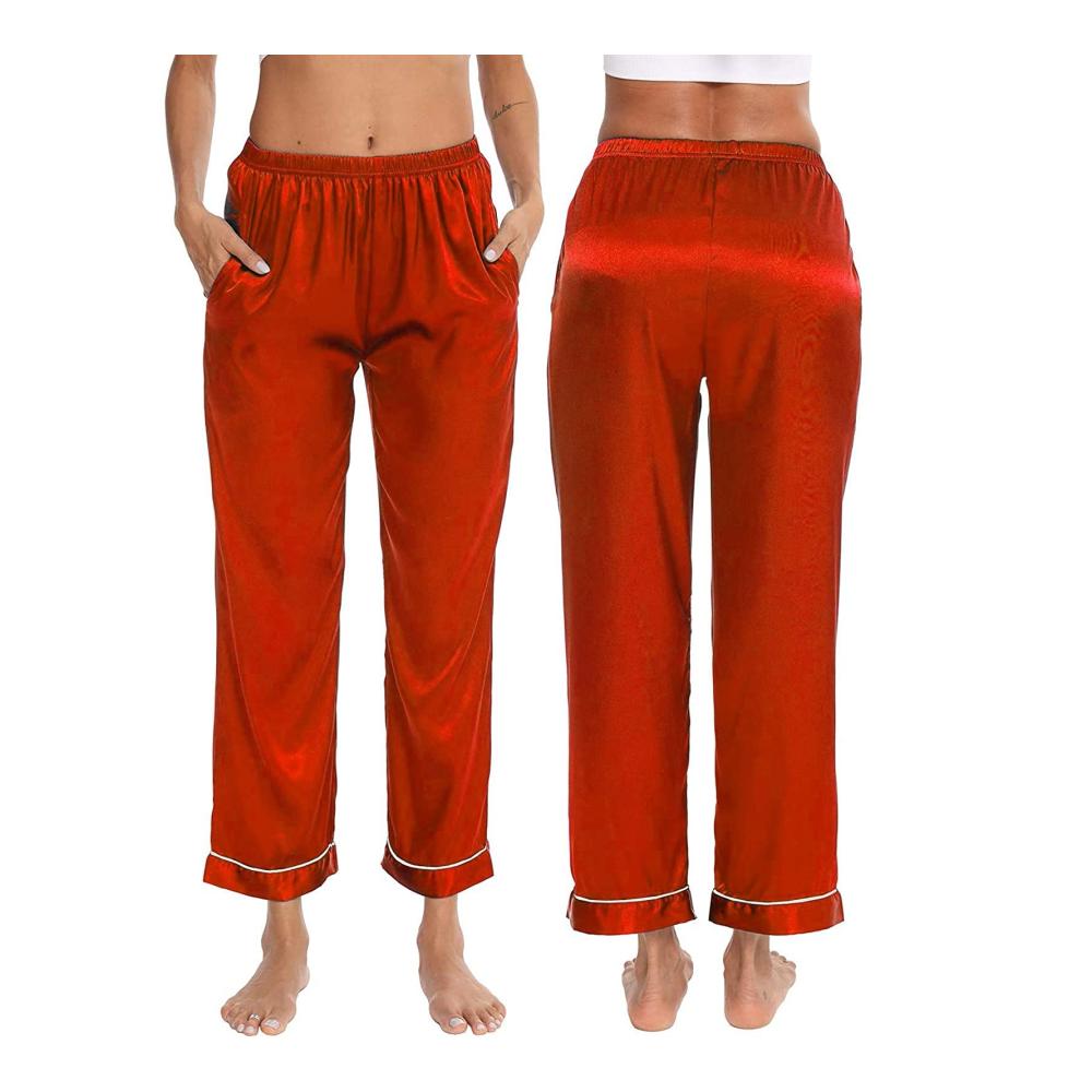 Damen Pyjamahose Lang Sexy Satin-Hose in Rot Schlafanzughose aus Flanell-Baumwolle Comfy Stretch Elastische Taille Loungewear mit Taschen (Größe M