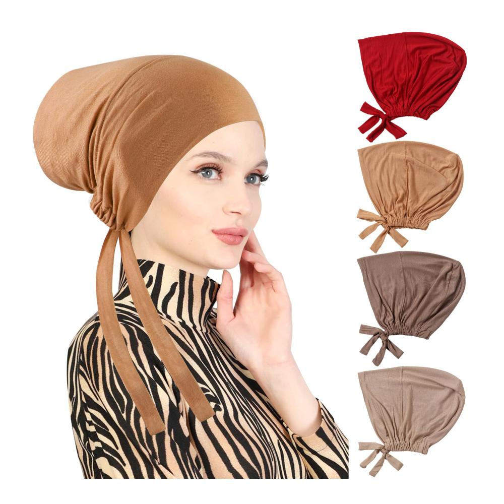 Hijab Unterschal Mütze für Frauen - Set mit 4 Strickmützen in verschiedenen Farben - Unter Schal Hijab Cap für Islamische Kopfbedeckung Chemo und Schlaf