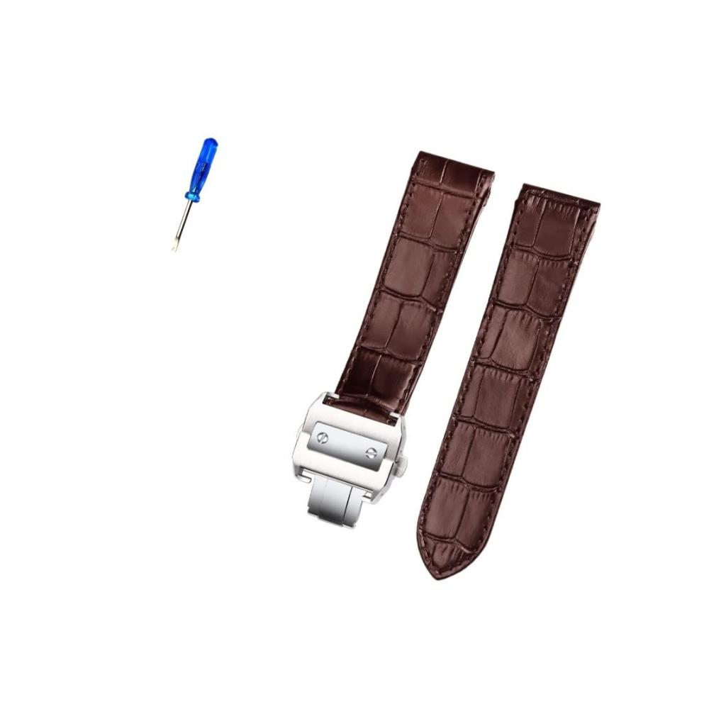 Premium Leder Uhrenarmband 20mm für Cartier Santos 100 - Hochwertiges Zubehör für Männer und Frauen - Braunes Armband mit Silberner Handgelenkschnalle - Inklusive Achat-Details