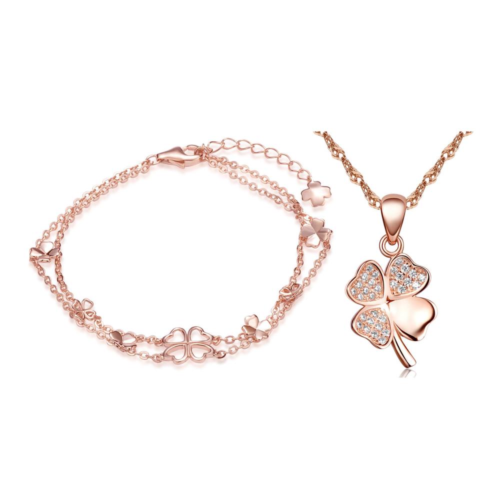 Roségold Schmuck-Set 925 Sterling Silber Zirkonia Vierblättriges Kleeblatt Charm - Damen Armband & Halskette - Elegantes Armkettchen mit Anhänger