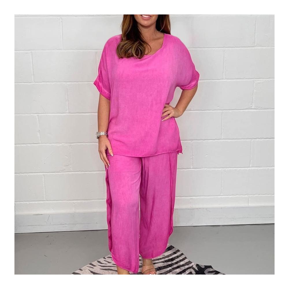 Elegante Damen Sommer Jumpsuits 2-teiliges Kurzarm-Hosenset mit Weitem Bein Elastischem Bund und Rundhalsausschnitt