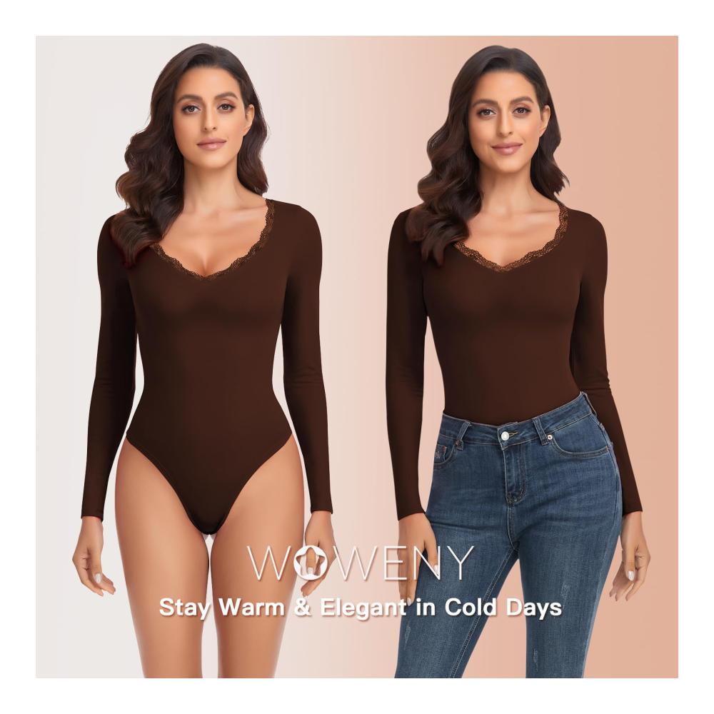 Langarm Thermo Body Damen mit Spitze - Bequemer Fleece Bodysuit für Wärme und Eleganz