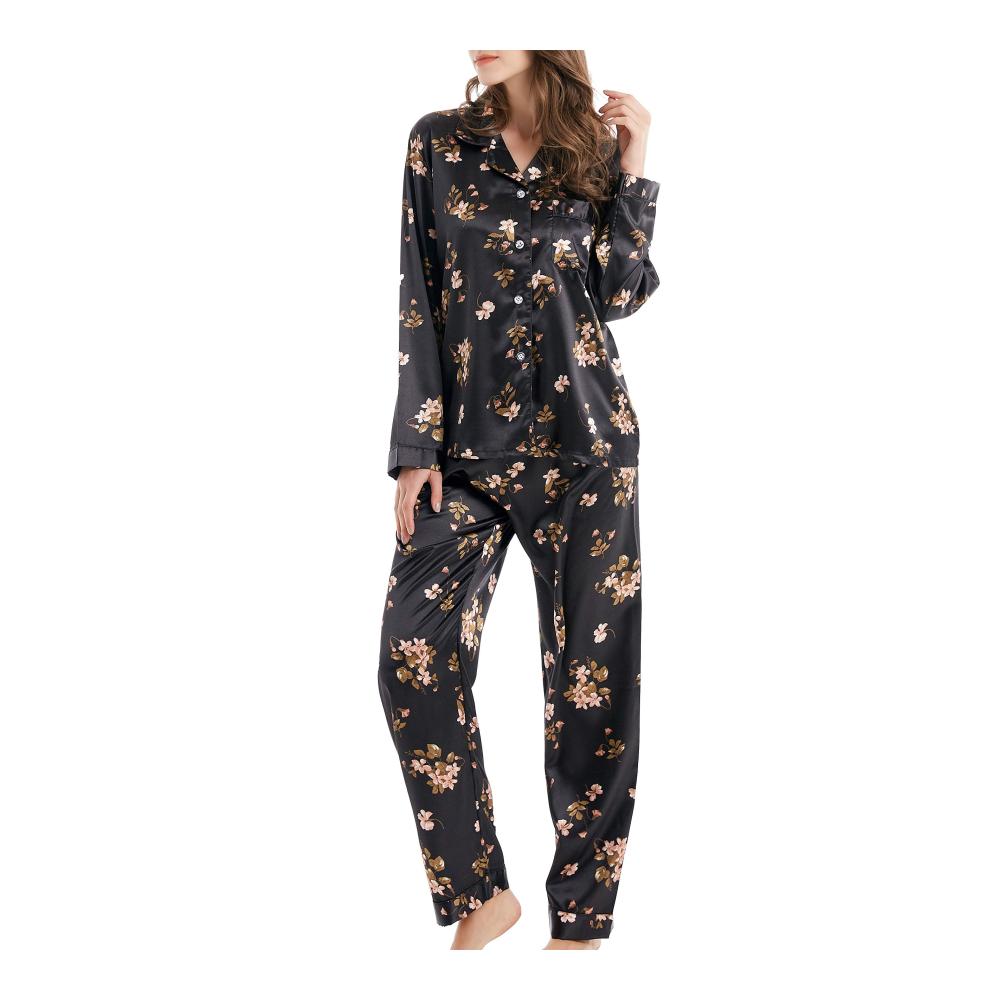 Damen Schlafanzug Set Satin Pyjama Lang - Klassische Nachtwäsche Loungewear
