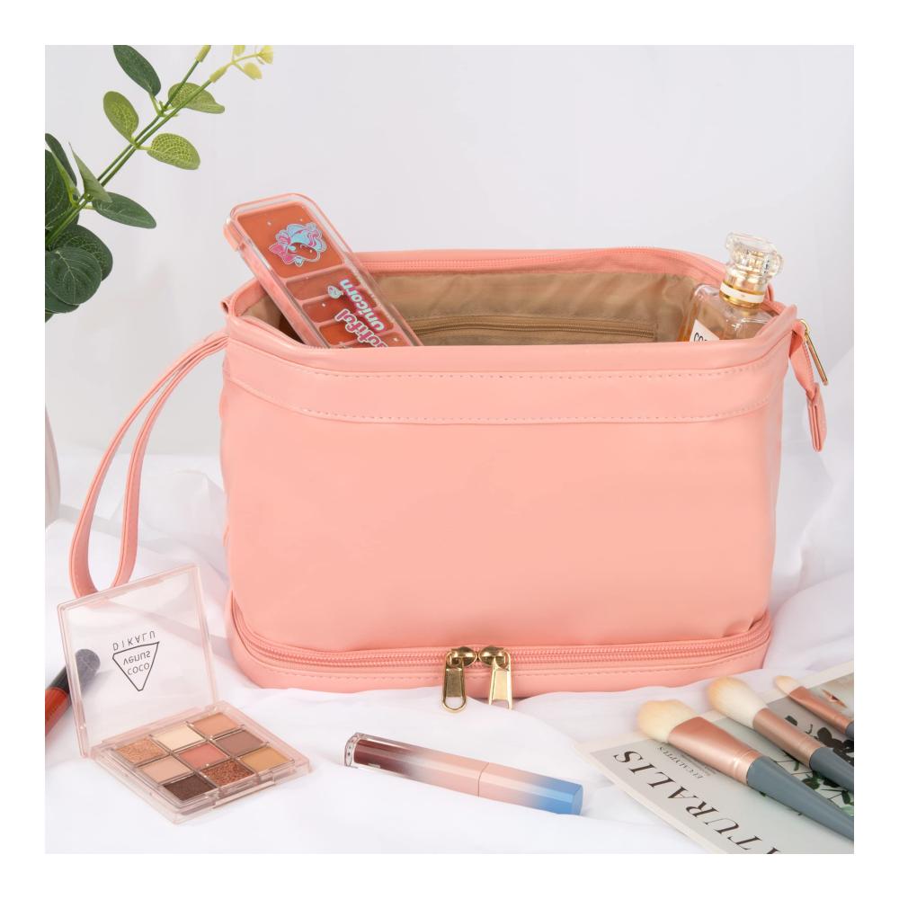 Kulturtasche aus PU-Leder - Doppelschicht Kulturbeutel mit großer Kapazität wasserdicht - Reise- und Geschäftstasche für Herren und Damen in Rosa