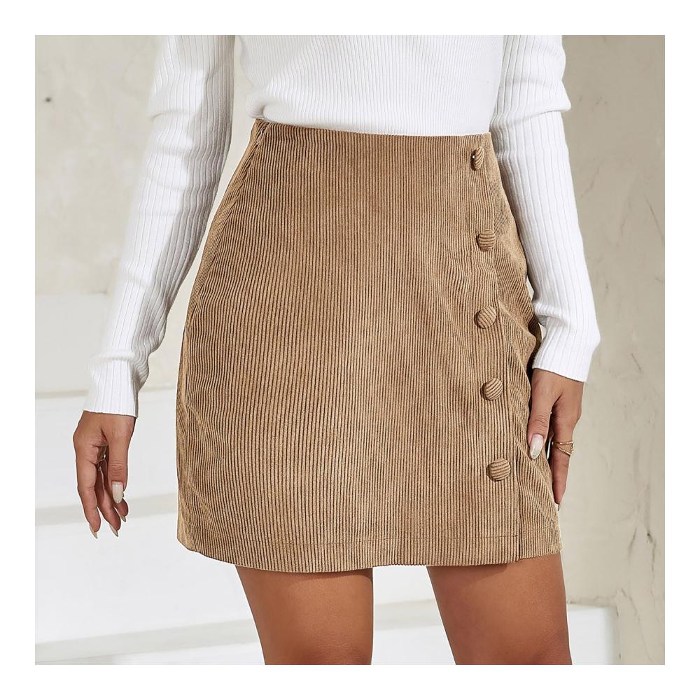 Damen Abendkleider Hoher Taille A-Linie Cordröcke für Herbst/Winter mit Knopfleiste Taschen und kurzer Minirock