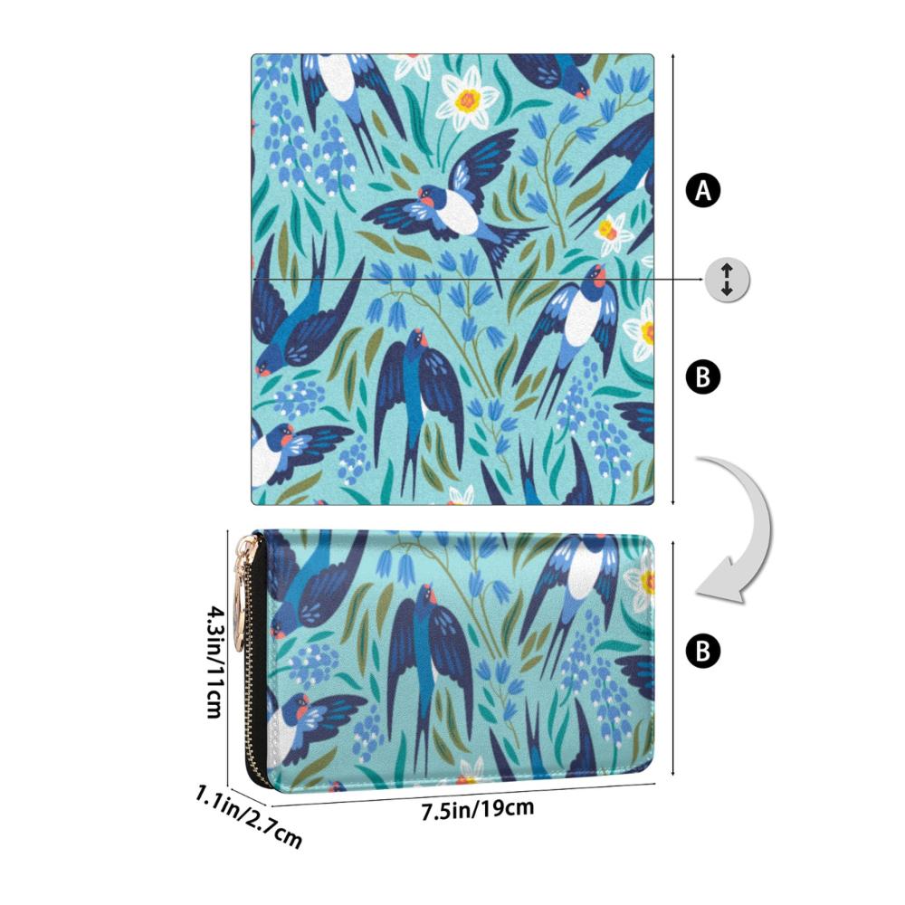 Damen Geldbörse mit Vogel- und Blumenmuster Leder Clutch für Frauen - Große Kreditkartenbörse Münzgeldbörse Kartenetui mit Reißverschluss und Telefonfach - Farbig bedruckt schmale Gold-Multi Geldbörse