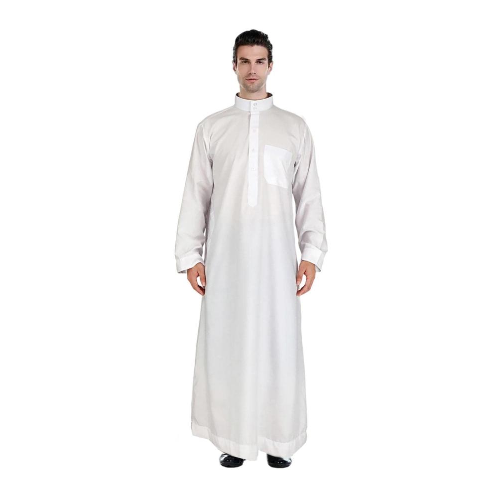 Herren Arabischer Langarm-Bademantel Weißer Kaftan Thobe mit Crew Stehkragen für Strand & Sommer