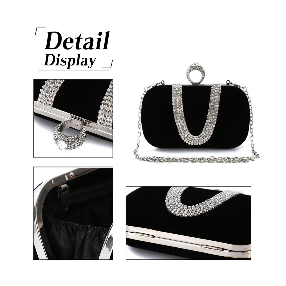 Elegante Damen Abendtasche Samt Clutch mit Glitter Strass und Kette - Schwarz
