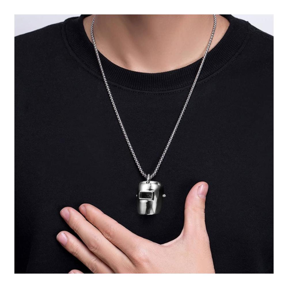 HipHop Edelstahl Halskette Set mit Schweißhelm-Anhänger - Glänzender Schmuck für Männer und Frauen (Silber