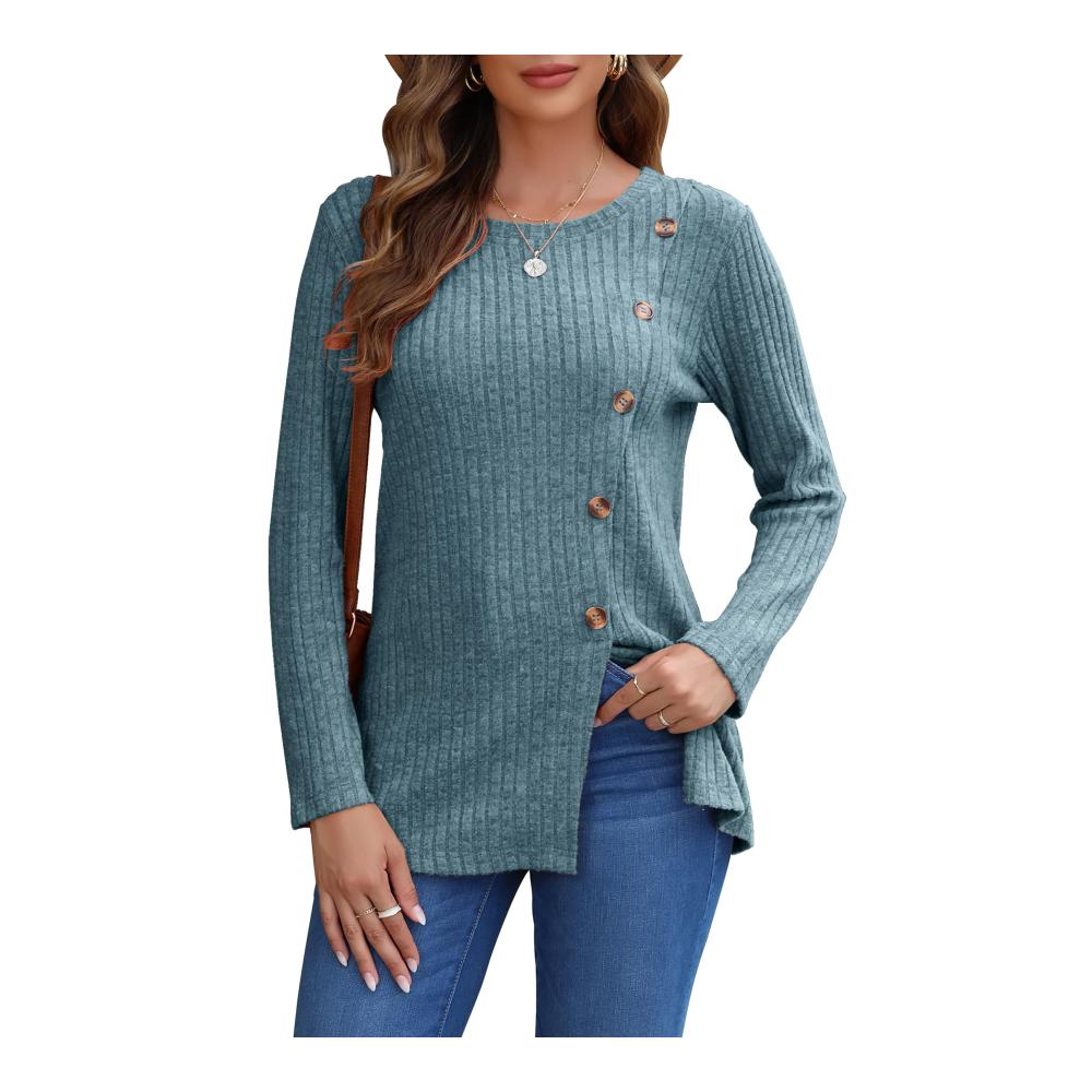 Damen Langarm Pullover Leichte Casual Tunika mit Rundhalsausschnitt und Knopfleiste - Perfekt für Herbst und Winter