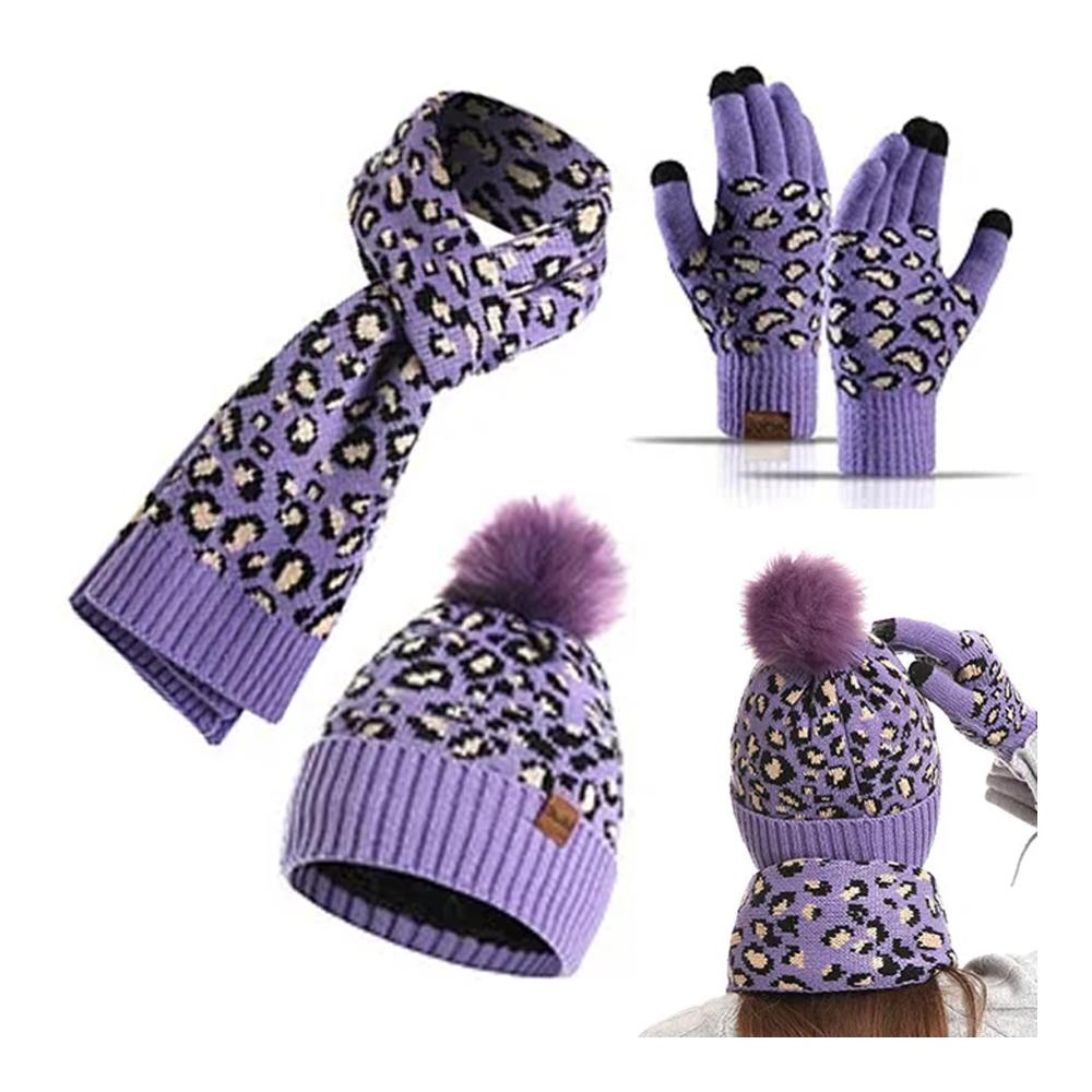 Leopardenmuster Damen Strickmütze Schal & Handschuh-Set - Warmes Winteraccessoire für Frauen - Geschenkidee