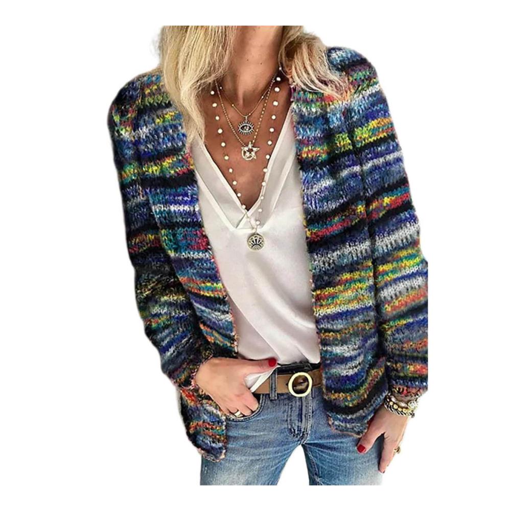 Damen Strickjacke Regenbogen Cardigan mit Farbblock Offene Front Gestreift - Lange Leichte Streetwear Outwear