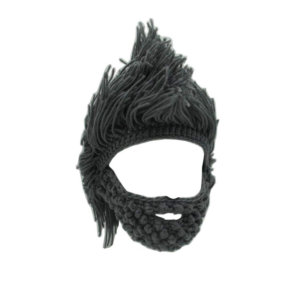 Handgemachte Barbarian Beanie Cap für Kinder und Erwachsene – Wikinger-Strickmütze mit Bartdetails lustige Skull Cap in Grau Große Größe