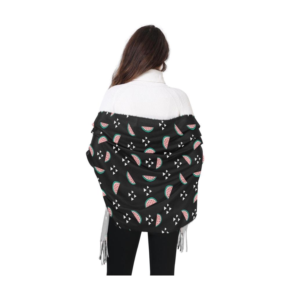 Handgezeichnete Wassermelone & Dreieck Kaschmir-Gefühl Schal - Weicher Quastenschal für Männer und Frauen Geschenkidee Schwarz (One Size