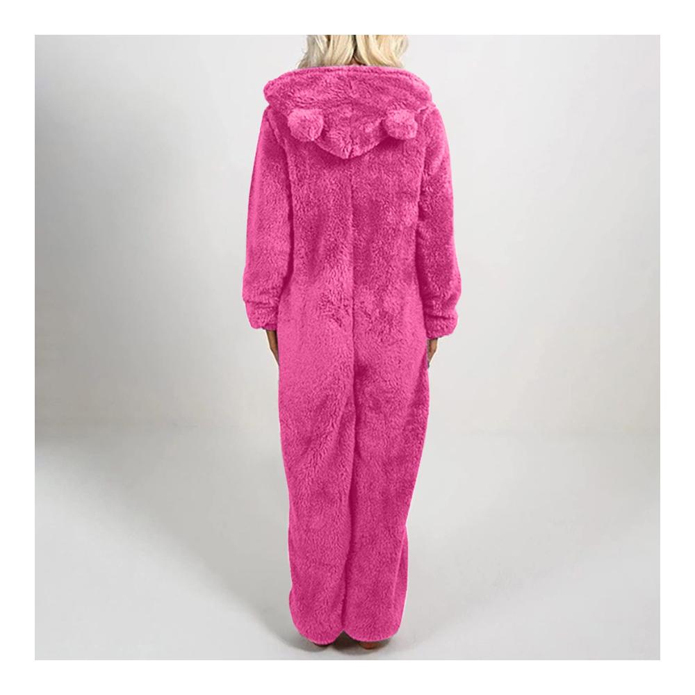 Teddy Fleece Jumpsuit für Damen - Winter Einteiler mit Kapuze Flauschiger Schlafanzug Plüsch Kuschelig Overall Lang Schlafoverall Warme Onesie Anzug Hausanzug in verschiedenen Größen S-5XL