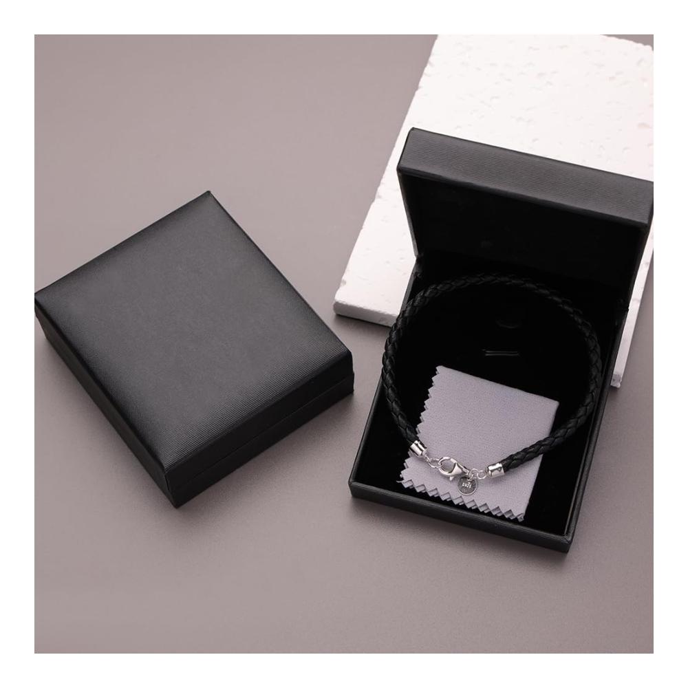 Herren Lederarmband 925 Sterling Silber Verschluss | Geflochtenes 4MM Schwarz/Braun | 20/21cm Unisex Schmuck mit Geschenkbox