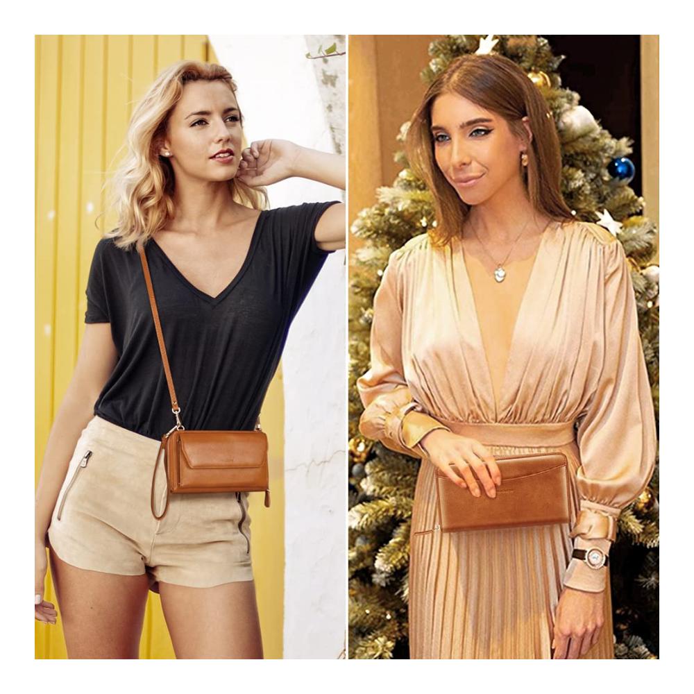 Braune Damen RFID Geldbörse mit Kreditkartenetuis Handytasche zum Umhängen - Doppelriemen Design