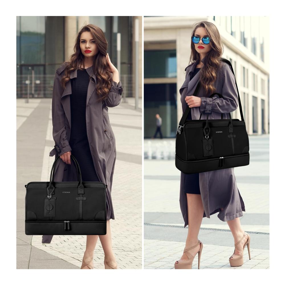 Premium Damen Weekender Reisetasche Set - Große Tasche mit Schuhfach Nass-Tasche & Kulturtasche - Ideal für Krankenhaus - 4-teiliges Sporttaschen-Ensemble (Schwarz1