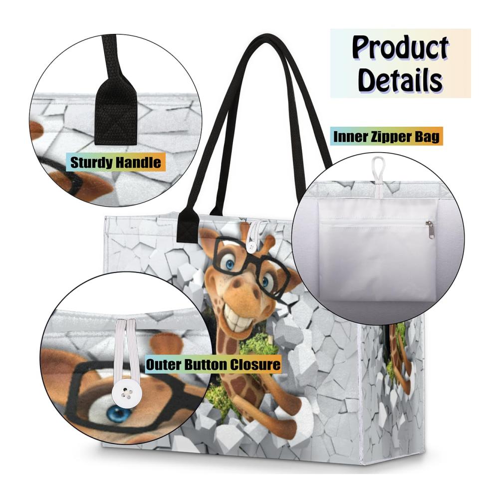 3D Lustige Giraffe Strandtasche – Extra Große Damen Handtasche mit Reißverschluss-Innentasche Mehrfarbig – Ideal für Casual Shopping & Strandspaziergänge