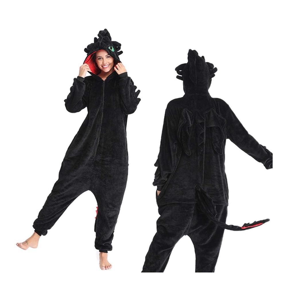 Einteiler Zahnloser Drache Onesie - Flauschiger Pyjama für Winter Weihnachten Halloween - Cosplay Kostüm aus warmem Flanell - Tiermuster Homewear für Damen und Herren