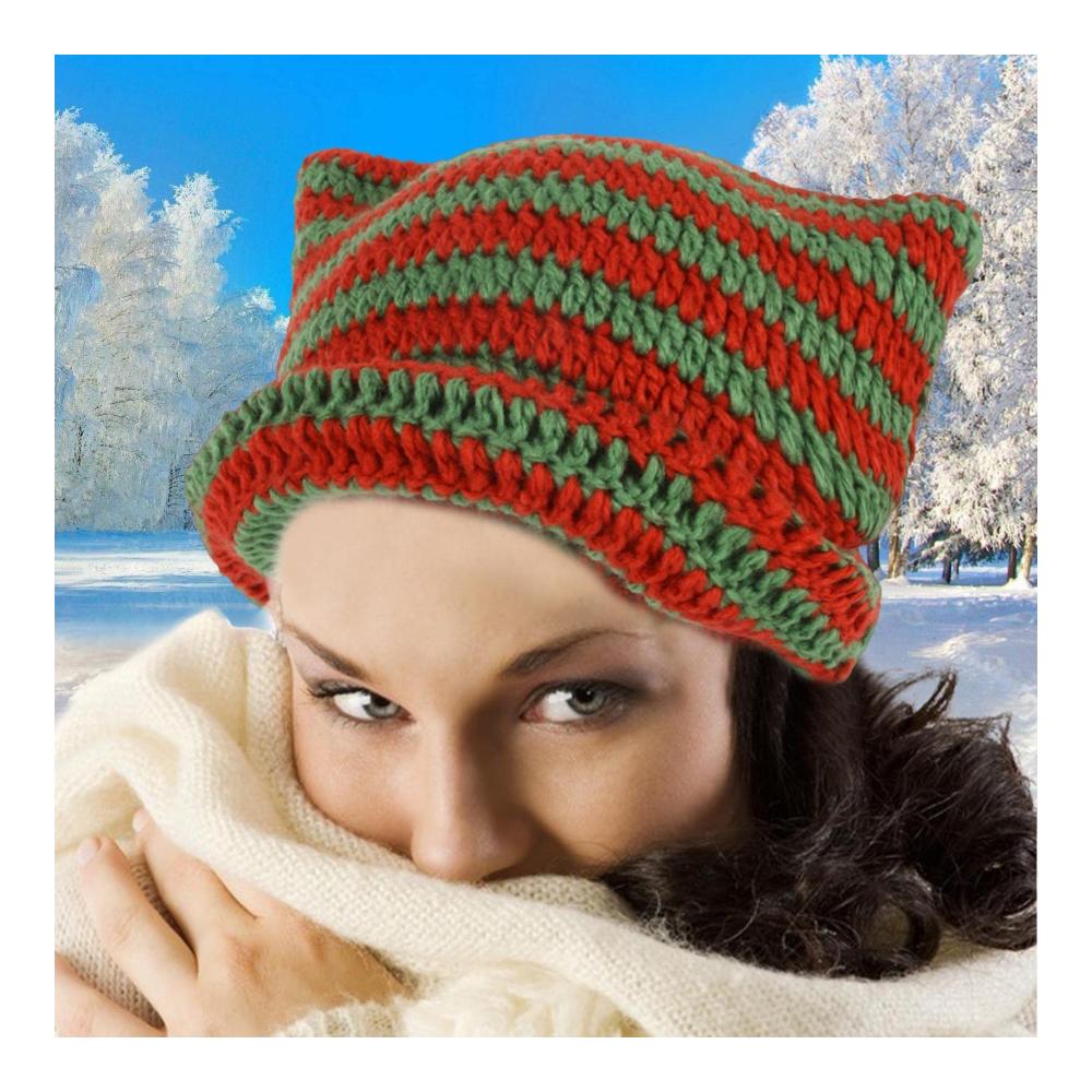Niedliche Strickmütze mit Katzenohren für Damen und Herren - Winter-Beanie mit Streifenmuster und Thermofutter