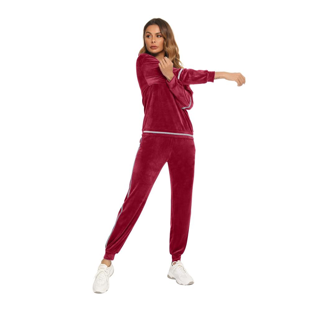 Damen Velours Schlafanzug mit Paillettenbündchen - Samtweicher 2-teiliger Freizeitanzug Langarm Pullover mit Rundhals und Gummizug Hose inklusive Tasche