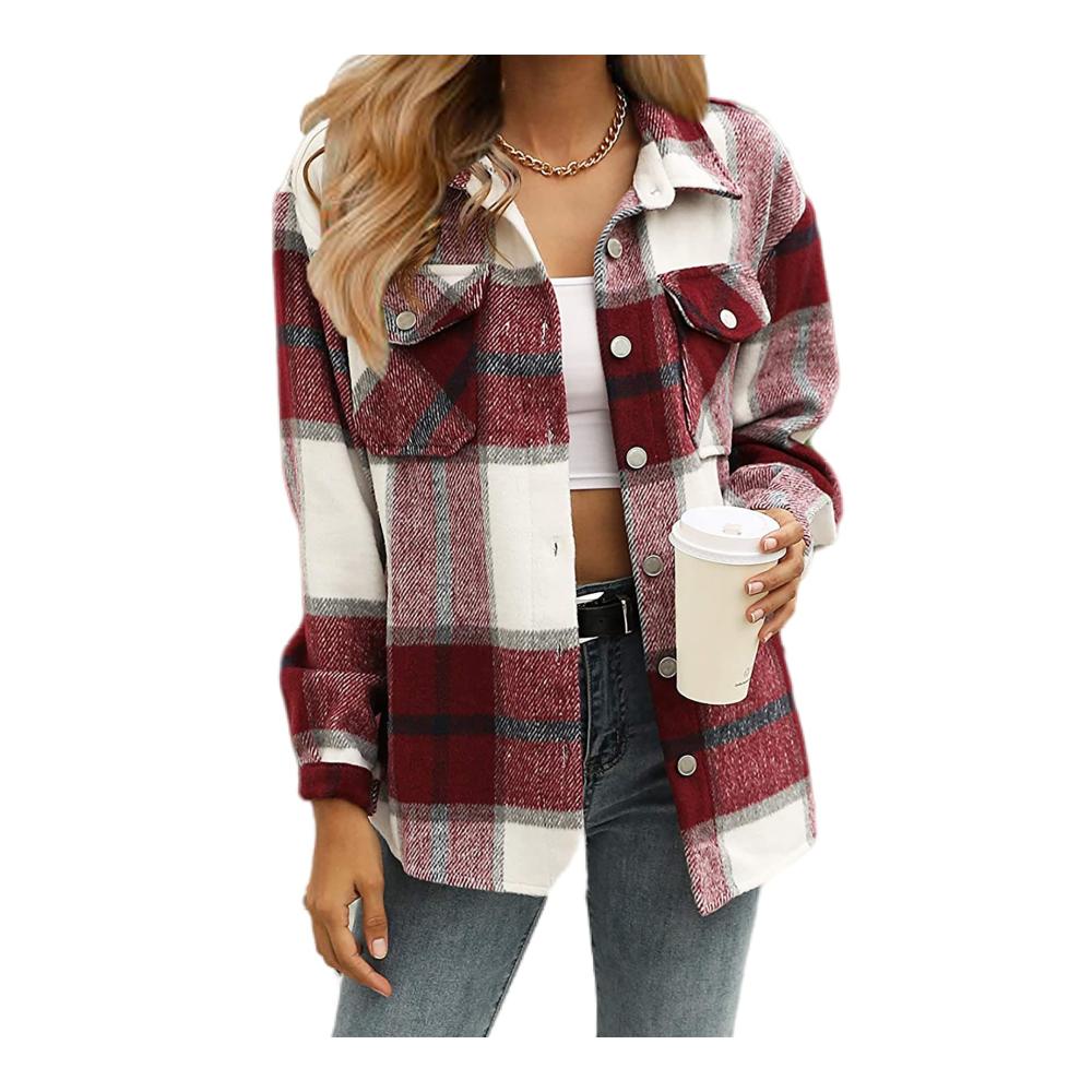 Damen Flanell Karo Shacket Langarm Baumwollbluse mit Revers und Knopfleiste