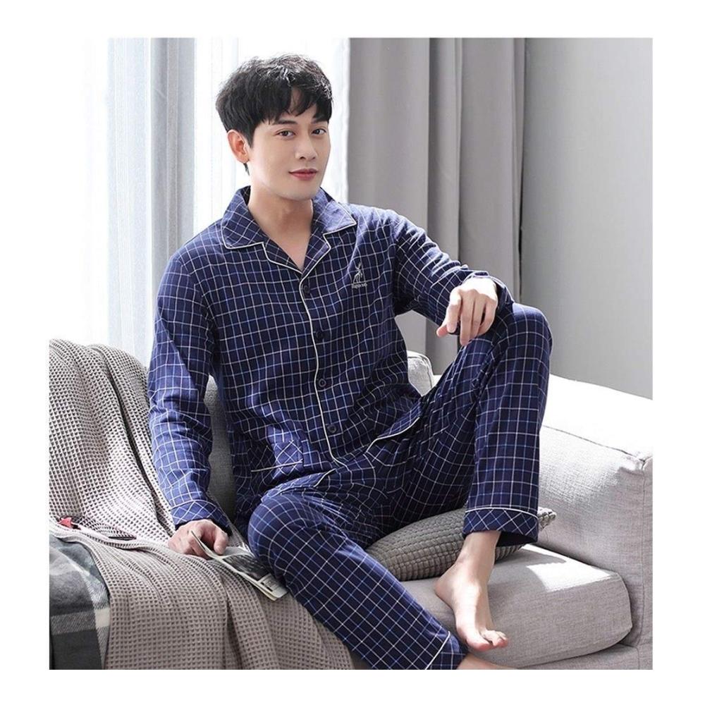 Herren Schlafanzug Langarm Pyjama-Set aus dünnem Baumwollgewebe für Frühling und Herbst