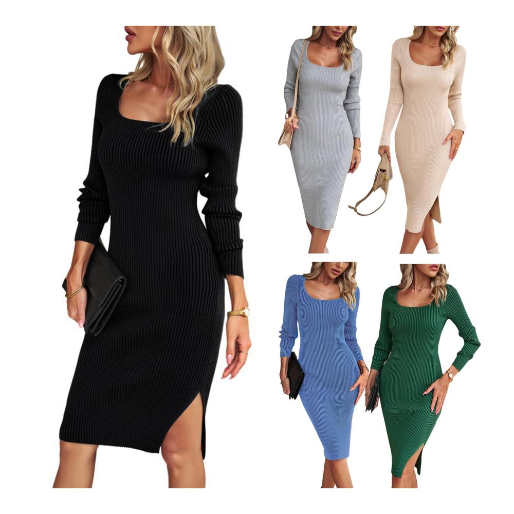 Elegantes Midi-Strickkleid für Damen Herbst/Winter Langärmlig mit Quadratausschnitt - Einfarbiges Geripptes Design - Streetwear & Vintage Häkelstrick Elemente