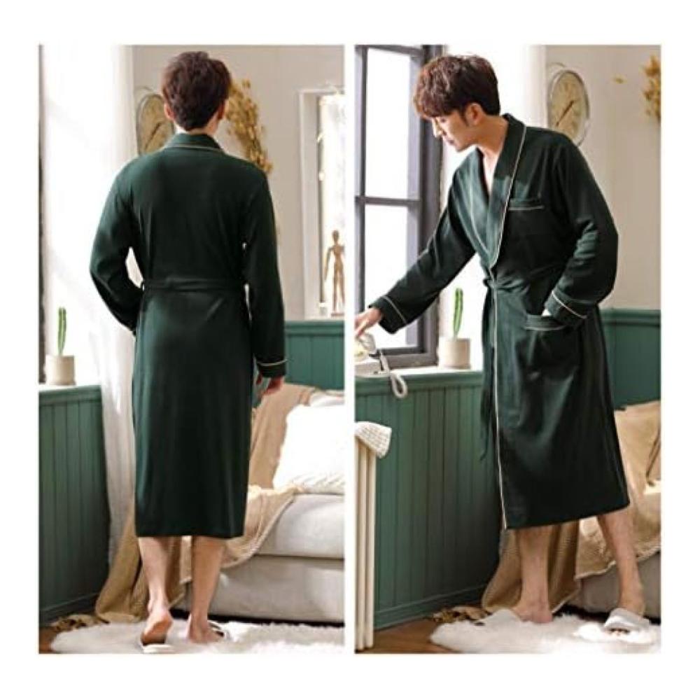 Herren Bademantel - Langärmeliges Baumwollpyjama-Nachthemd für Frühling & Herbst - Winterlicher Yukata in Dunkelgrün - Langer Bademantel aus Baumwolle Größe L