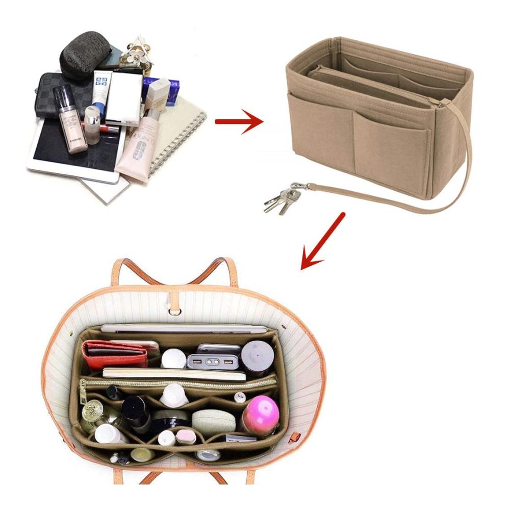Taschenorganizer 2-in-1 Filz Handtaschen Organizer mit Reißverschluss Kosmetiktasche Abnehmbarer Tasche und Schlüsselanhänger - Damen Beige Medium