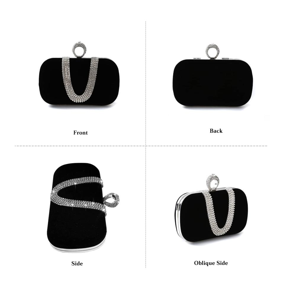 Elegante Damen Abendtasche Samt Clutch mit Glitter Strass und Kette - Schwarz