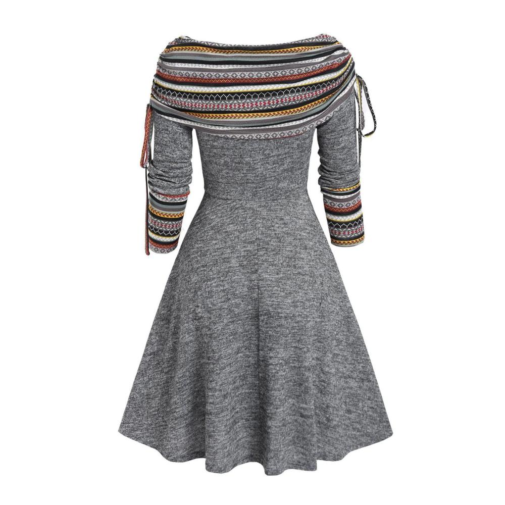 Weihnachtskleid Damen Schulterfreies Vintage A-Linie Kleid mit Druck Patchwork und fließendem Swing für Cocktail Party und Abschlussball - Lässiges Maxi Kleid