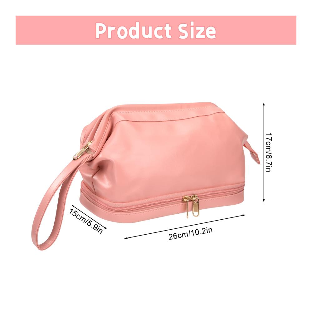 Kulturtasche aus PU-Leder - Doppelschicht Kulturbeutel mit großer Kapazität wasserdicht - Reise- und Geschäftstasche für Herren und Damen in Rosa
