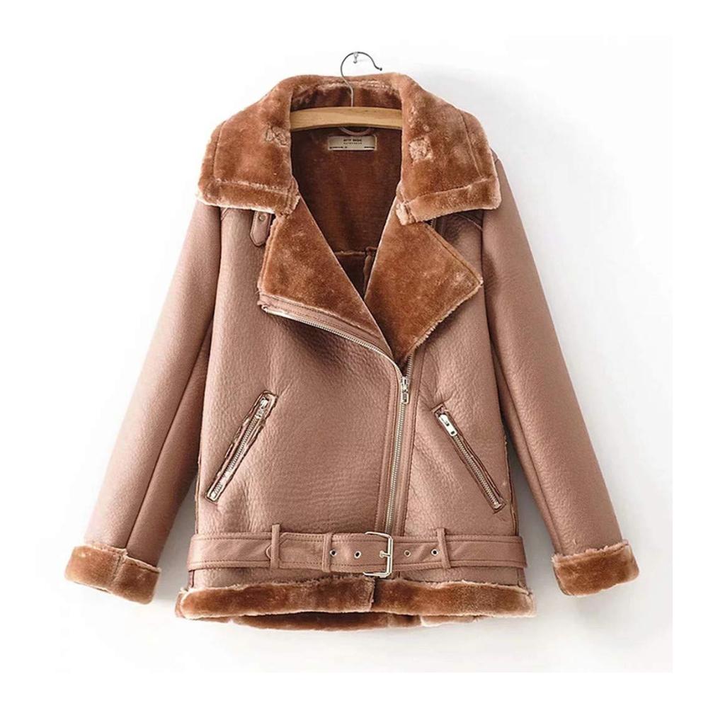 Damen Bikerjacke Wintermantel - Warme Übergangsjacke mit Stehkragen und Gürtel