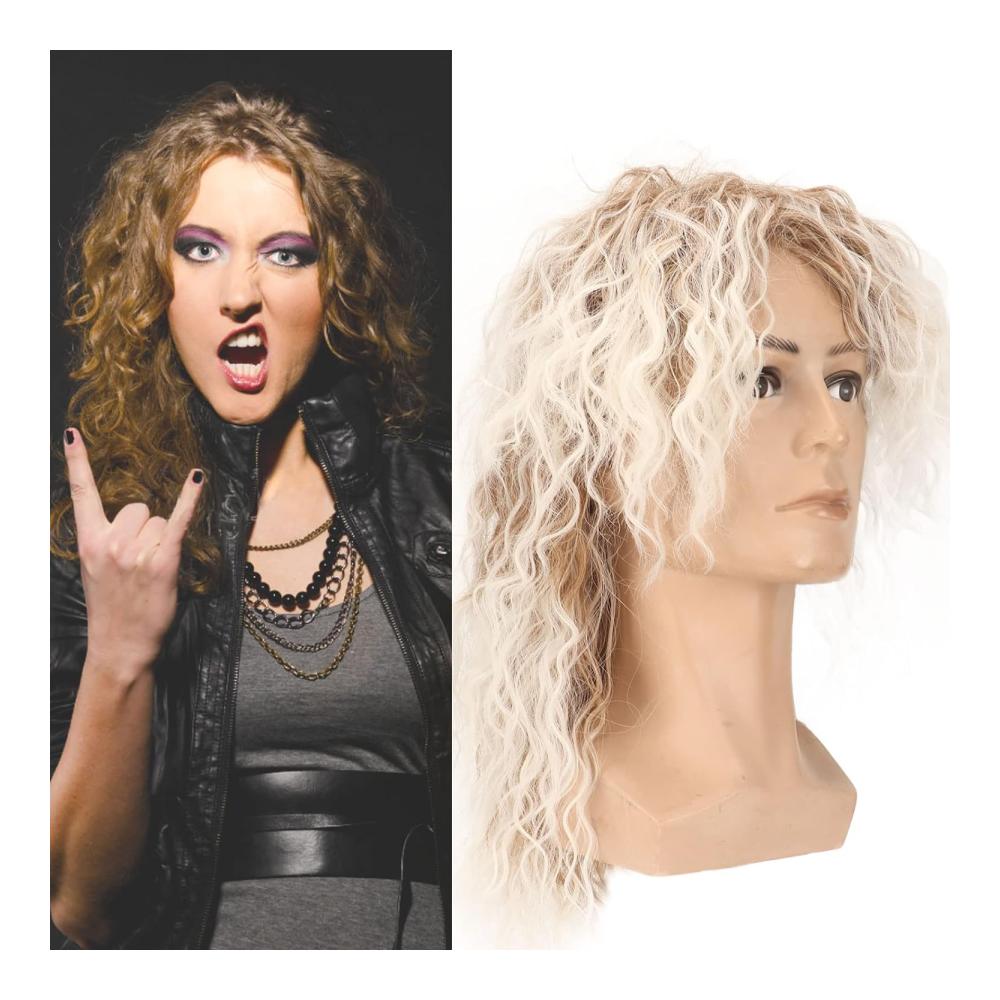 80er-Jahre Vokuhila-Perücke für Männer und Frauen - Rock-Disco-Style - Heavy-Metal-Cyberpunk - Halloween Haarperücke - Hellblond und Braun
