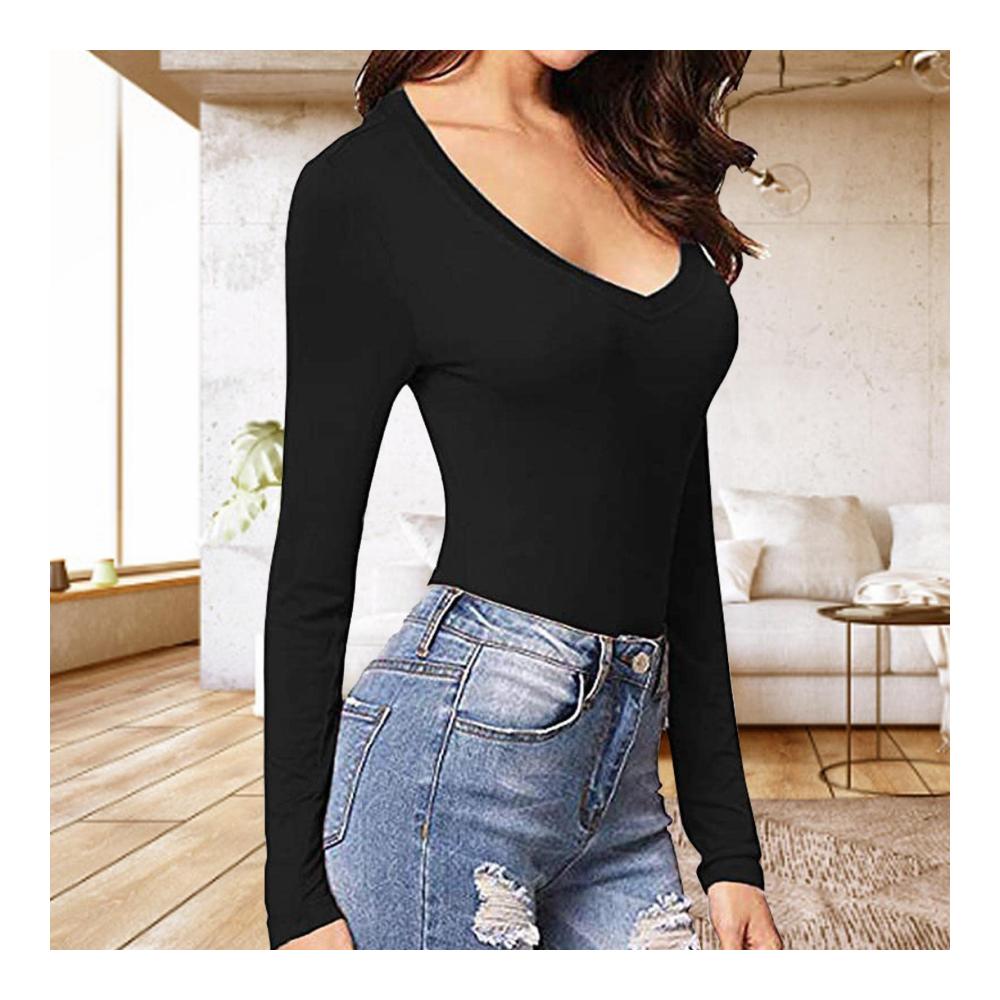 Schwarzer Damen-Bodysuit Figurbetonter V-Ausschnitt Langarm-Trikot für den Winter