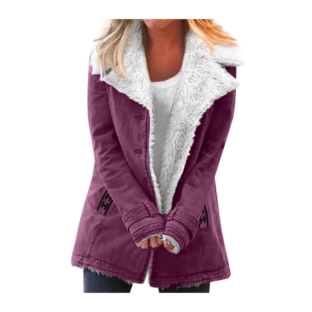 Damen Fleecejacke mit Pelzkragen | Wintermantel für Frauen | Warme Strickjacke mit Schaffell-Futter | Einfarbige Langarm-Parka | Casual Knöpfe Mantel für Herbst und Winter