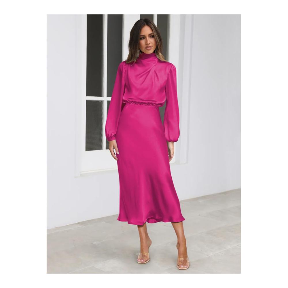 Cocktailkleid Damen Modisches Bankettkleid Hochzeitsgastkleid mit langen Ärmeln lockeres Satinkleid für Bankette und Abendveranstaltungen