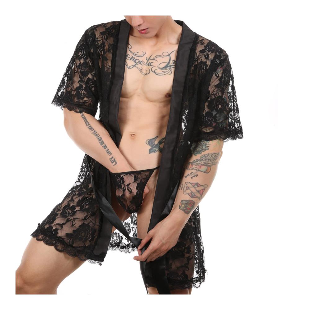 Sexy Schwarzer Netzanzug mit Ausgehöhlter Strickjacke und Atmungsaktiver Retroshorts für Männer