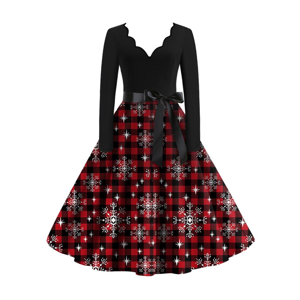 Weihnachtskleider Damen 2024 Vintage Cocktailkleid mit Druck elegantes Langarm Abendkleid sexy Ballkleid für festliche Winterpartys