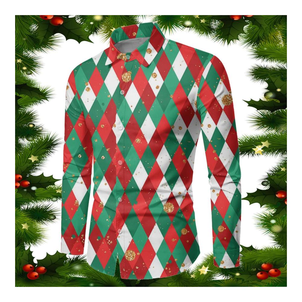 Weihnachtshemd Herren Slim Fit Langarmhemd mit Weihnachtsdruck für elegante Outdoor-Freizeit - Funky Langarmshirt Tops
