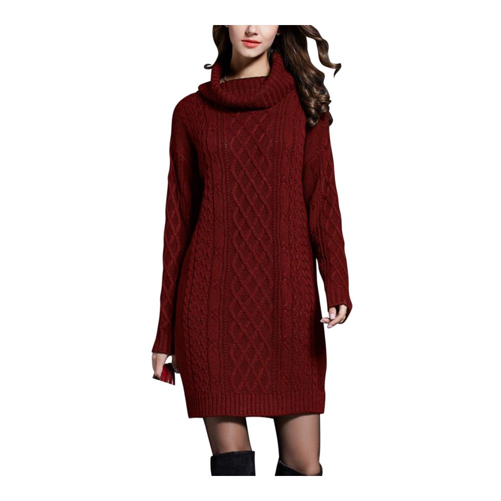 Damen Strickpullover mit Zopfmuster und Stehkragen für Herbst Winter - Elegant gestaltetes Pulloverkleid für Damen