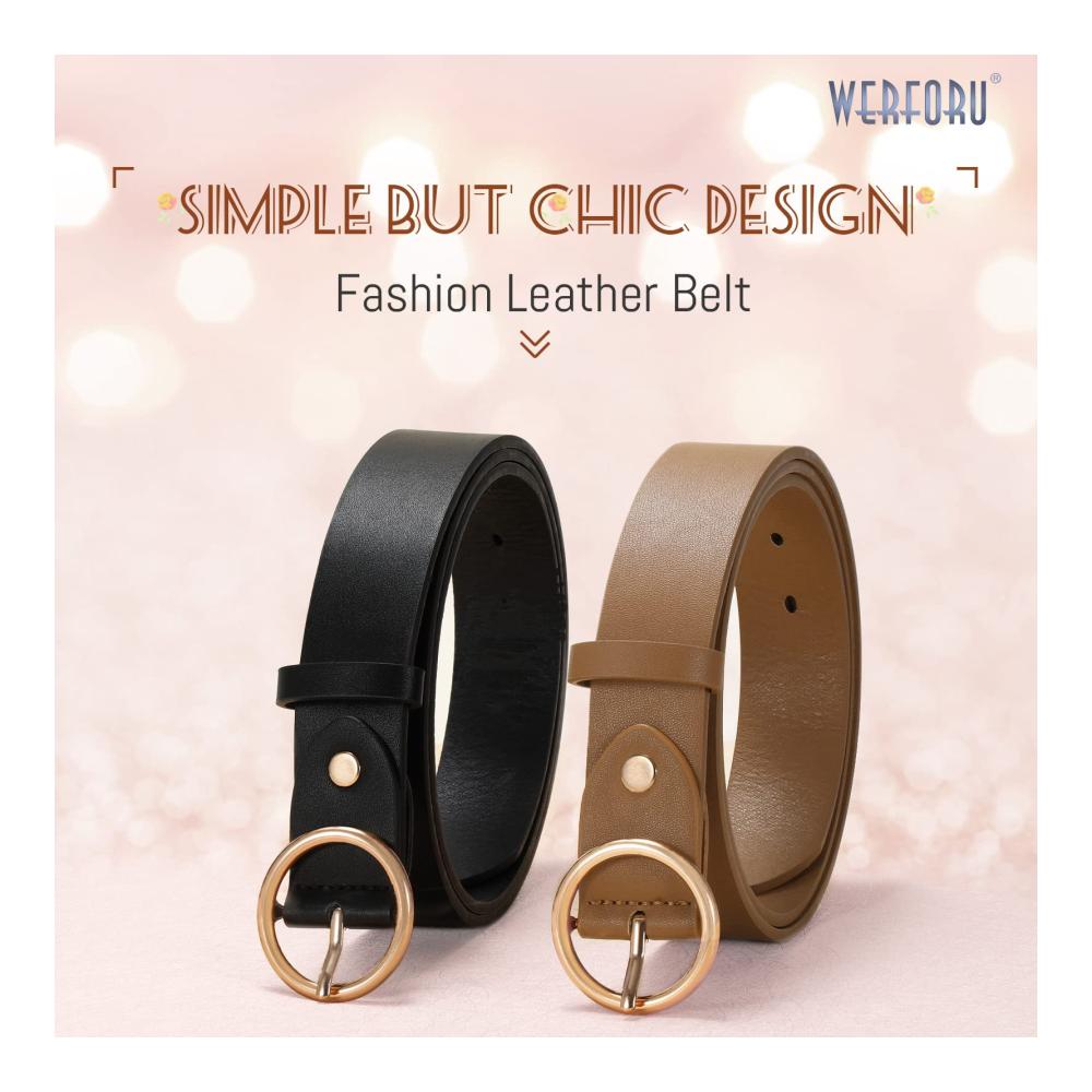 Damen Ledergürtel 2er Pack - Stylische Jeans- und Hosen-Gürtel mit Gold O-Ring Schnalle für modische Akzente