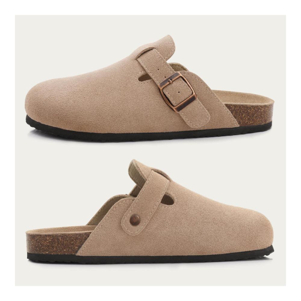 Damen Wildleder Clogs - Stilvolle Pantoletten mit Korksohle Fußgewölbeunterstützung und Strand-Flair