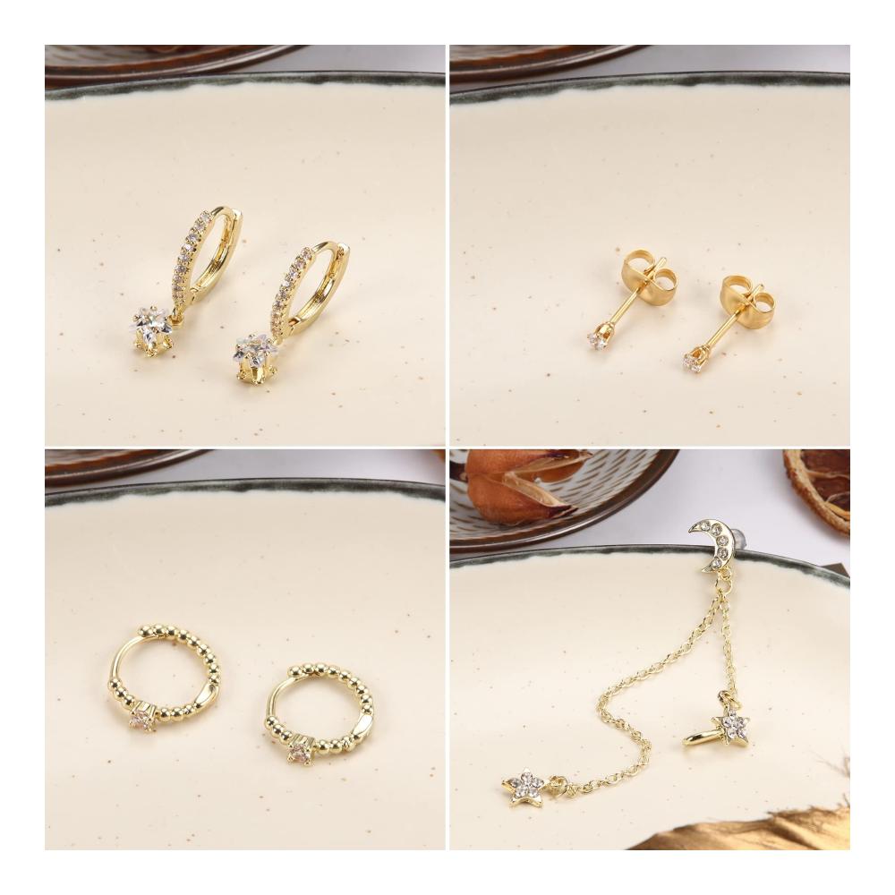 11 Paar Edelstahl Damenohrringe Set - Creolen Evil Eye Anhänger Stern CZ Bar Kugel Kettenohrring Mini Creolen Baumelnde Reif-Ohrringe
