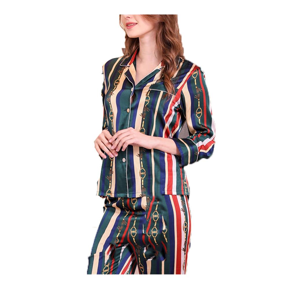 Damen-Pyjama aus 100% reiner Seide | Langärmeliges Loungewear-Pjs-Nachtwäsche-Set mit Schlangenmuster grün (Größe M