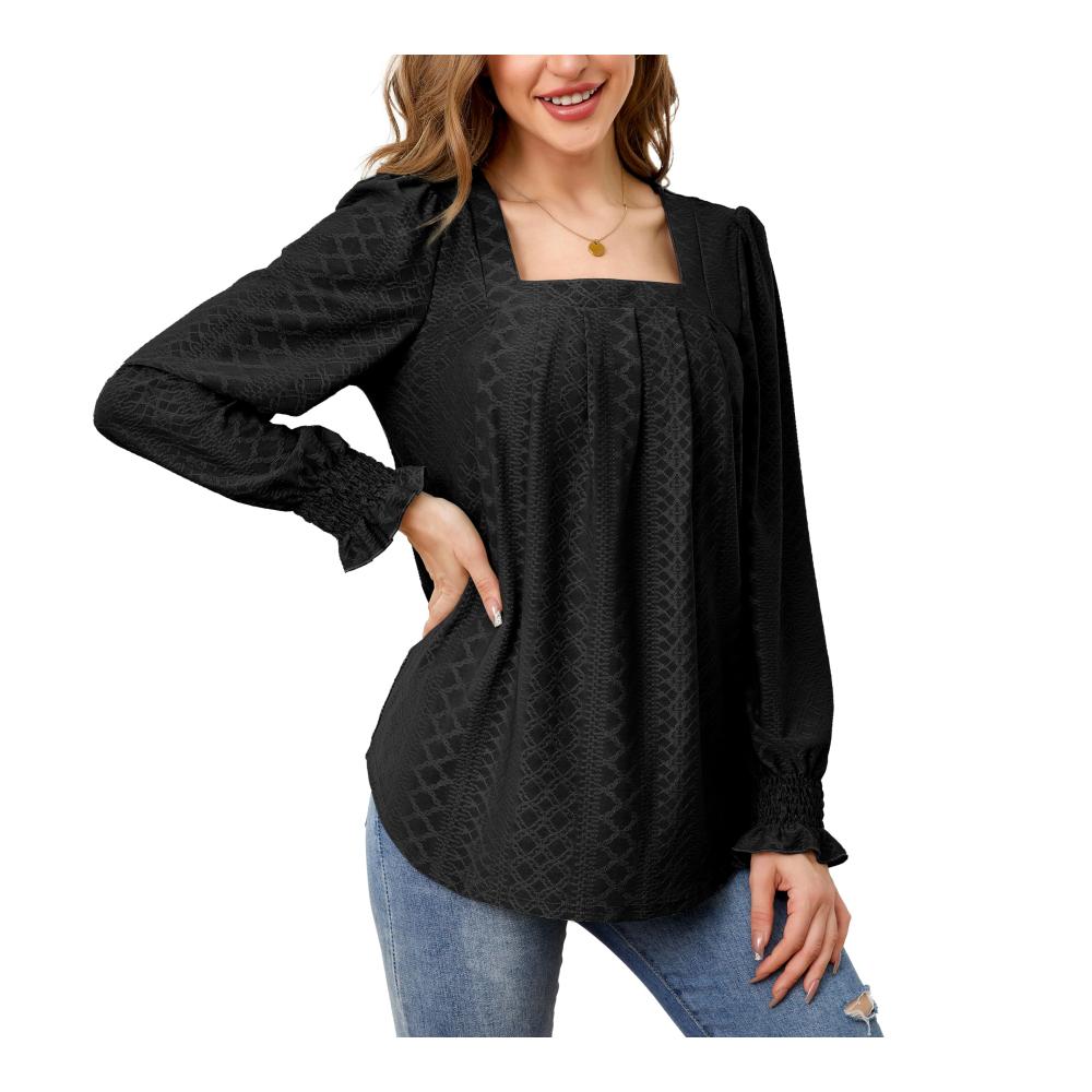 Langarmshirt Damen Modisches U-Kragen Basic Oberteil für Herbst/Winter mit Puffärmeln & Laternenärmeln