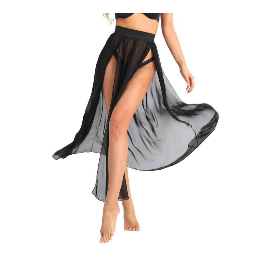 Pareos & Strandkleider Damen – Bikini Cover up in Chiffon mit transparentem Faltenrock Schlitz und Maxilänge – Sommerrock für Strand und Tanz – Gr. S-XL