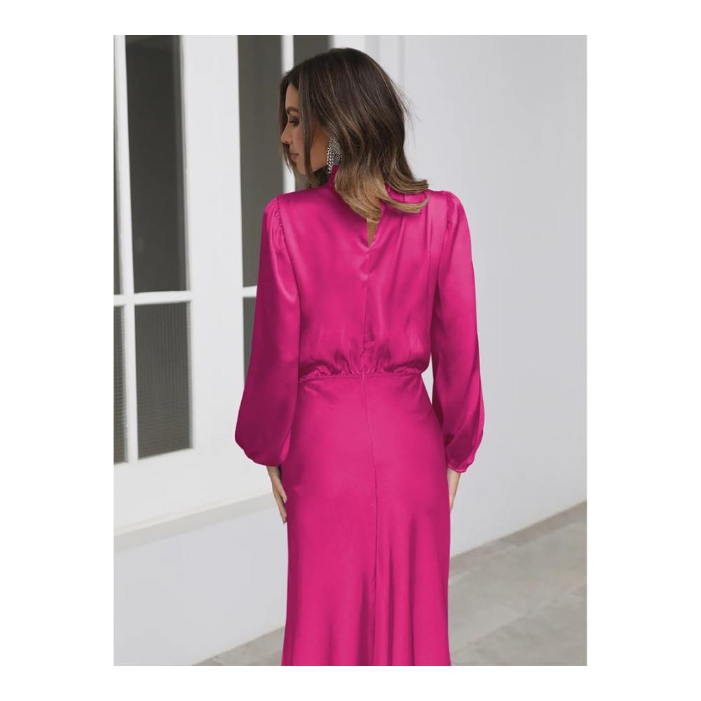 Cocktailkleid Damen Modisches Bankettkleid Hochzeitsgastkleid mit langen Ärmeln lockeres Satinkleid für Bankette und Abendveranstaltungen